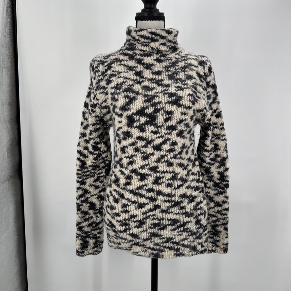 Vintage‎ GAP Wool Sweater Womens M Black Ivory Fair Isle Turtleneck Chunky Knit